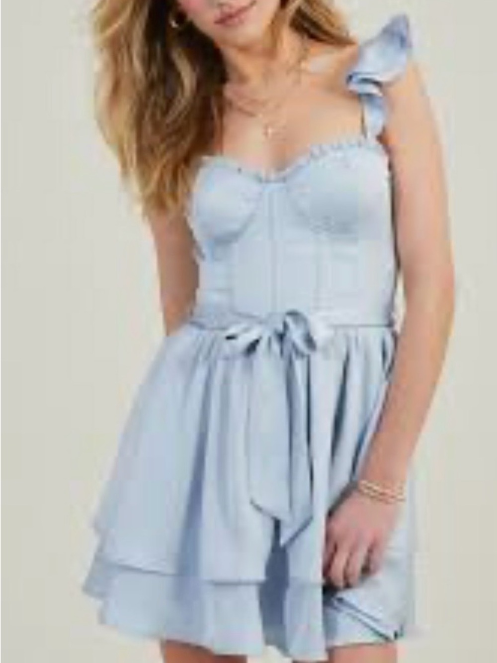 Altar'd State Melney Light Blue Ruffle Shoulder Bustier Mini Dress